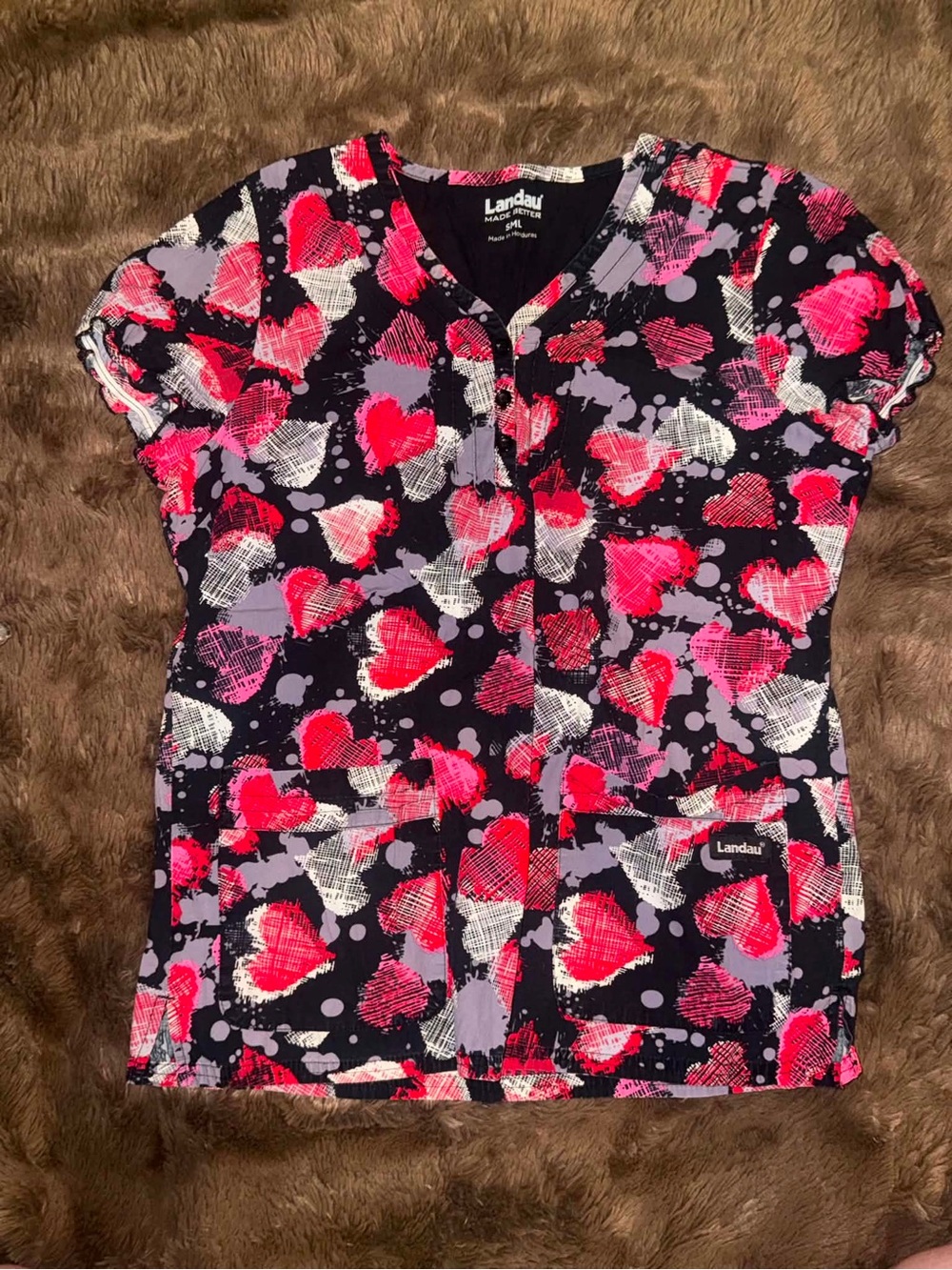 Landau Heart Print Medical Nursing Scrub Top - Black, Pink & White